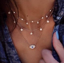 Chains Fashion Gold Blue Eye Crystal Pendant Necklaces For Women Necklace Multi Level Female Boho Vintage Jewellery Wedding GiftChains