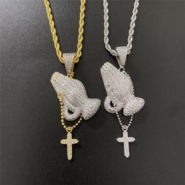 Pendant Necklaces Hip Hop Cubic Zirconia Iced Out Bling Praying Hands Cross & Pendants For Men Women JewelryPendant
