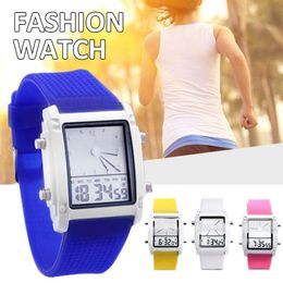 Wristwatches 1pc LED Electronic Watch Quartz Dual Display Waterproof Silicone Band Colourful Luminous Watches For Men's Women's Wrist