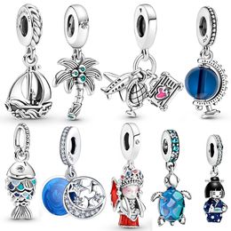 925 Sterling Silver Dangle Charm Fish Doll Airplane Ship Globe Beads Bead Fit Pandora Charms Bracelet DIY Jewelry Accessories