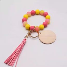 Foreign trade food grade mixed Colour silicone beads wrist keychain wholesale Korean velvet handmade leather tassel blank disc keychain female multi-color optional