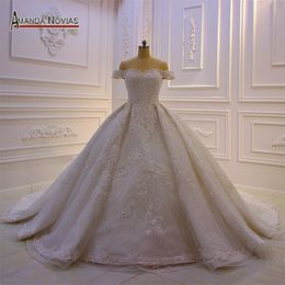 2022 Dubai Wedding Dresses Luxury Shinny Bling Wedding Gown Off The Shoulder Straps Lace-up Back Real Work Custom Made