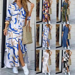 Maxi Beach Dress Elegant Women Button Long Shirt Dress Summer Split y2k Lapel Neck Party Dress Long Sleeve Checked Plaid Robe G220414