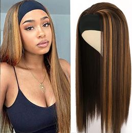 2Colors 3/4 Half Wig Long Black & mixed gold brown Straight Women Lady Headband Cosplay Wigs