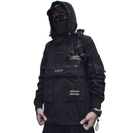 Streetwear preto combate multi-bolsos cyberpunk techwear homens jaqueta