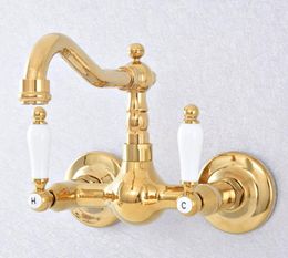 Kitchen Faucets Faucet Gold Polished Brass Wall Mounted Dual Handle And Cold Bathroom Basin Mixer Swivel Tub FaucetKitchen