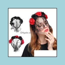 Headbands Hair Jewellery Women Girls Artificial Rose Flower Half Lace Veil Mask Headband Vintage Halloween Xmas Sexy Hoop Masquerade Party Cos