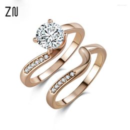 Cluster Rings 2Pcs/Set Engagement Rose Gold Color Ring Wedding Band Couple For Women Promise Luxury Jewelry Accessories High Quality Edwi22