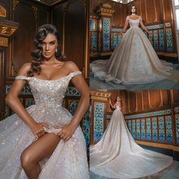 Retro Vintage Beaded Wedding Dresses Off the Shoulder Flowers Bridal Gowns Side Split Backless Long Train Bridal Dress Custom Made