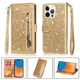 Glitter Leather Zipper Wallet Flip Cases Photo Frame Card Slot TPU Cover Free Strap For iPhone 14 13 12 11 Pro Max XR XS X 8 Plus Samsung S20 FE S21 S22 Ultra