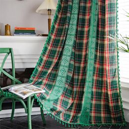 Curtain & Drapes Green Plaid Hollow Curtains American Crochet Lattice Splicing Partition For Living Room Door Bay WindowCurtain