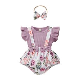 Citgeett Summer Sweet Baby Girls Outfit Solid Fly Sleeve Top Floral Printing Jarretelle Shorts Bow Headwear Clothing set J220711