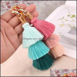 Keychains Three Layers Cotton Tassel Keychain Bohemian Boho Style Women Bag Pendant Mticolor Handmade Key Chain 10 Col Keychainshop Dhtfo