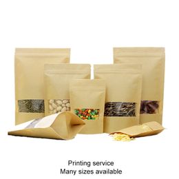 Zip Lock Kraft Paper Gift Bag Empty Food Tea Cookies Packaging Self Sealing Zipper Stand Up Window Bags 100pcs T200115