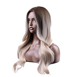 wig medium Australia - Lace human Wigs Long Natural Wavy Wig Middle Part brazilian curly Hair Ombre Brown Light Blonde Platinum 220621