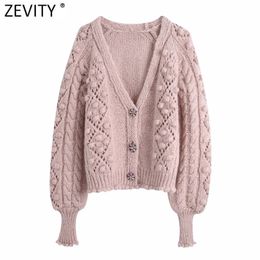 Zevity New Women V Neck Colourful Diamond Buttons Casual Knitting Sweater Femme Chic Ball Appliques Hollow Out Cardigan Tops S601 210204