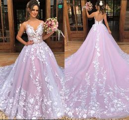 2022 Amazing Floral Lace Wedding Dresses Pink Princess A-line Tulle V-neck Party Bridal Dress For Bride Buttoned Zipper Court Train