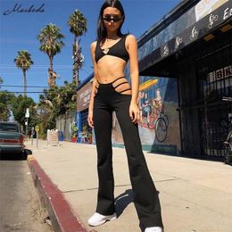 Macheda 2018 Women Black Sexy Cut Out Holes Pants Slim Fitness Sweat Pants Flare Hollow Out Trousers Streetwear Capris Pant T200103