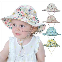 Baby Kids Sun Caps Grenadine Solid Colors Fl Flowers Print Girl Summer Protect Neck Sunbonnet Ventilate Comfortable Visor With Bow Drop Deli