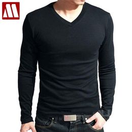 Spring High-elastic Cotton T-shirts Male V Neck Tight T Shirt Men's Long Sleeve Fitness Tshirt Asia size S-5XL 220325