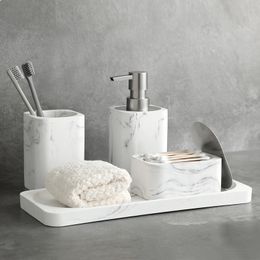 Bathroom Accessories Set look of white marble Soap Dispenser Cotton Jar Mouthwash Cup TumblerToothbrush Holder and Tray 220624