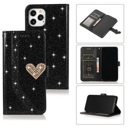 Wristband Shiny Flip Love Heart Phone Case for Samsung Galaxy A12 A32 A42 A52 A72 5G A10 A20 A30 A40 A50 A70 A11 A21 A21S A41 A71 5G A51 A20E A70E Sparkle Wallet Clutch Shell