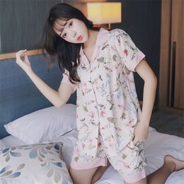 Summer Cotton Ladies Shortsleeved Pajamas Home Suit Women Comfortable and Cool Cotton Striped Collar Shorts Home Pijamas Women T200429