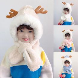 Berets Fashion 2 In 1 Hats Scarf Set Cute Cartoon Winter Warm Antlers For Children Girls Christmas Party Kids Gifts Delm22
