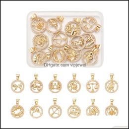 Charms Jewellery Findings Components 12Pcs 12 Style Brass Micro Pave Cubic Zirconia Pendants Nickel With Snap On Bail Flat Round Constellati