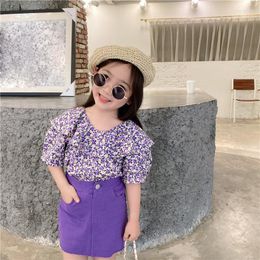 Clothing Sets Summer Kids Clothes Korean Fashion Flower Lotus Leaf Collar Shirt & Slim Skirt Little Girls Set Purple Children OutfitsClo