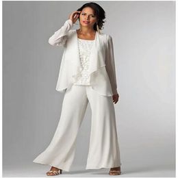 Pantsuit 3 Piece Suit Mother of the Bride Dress Plus Size Elegant Wrap Included Bateau Neck Floor Length Chiffon with Lace 2022