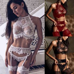 NXY Sexy Set Fashion Lace Pajamas European and American Three Point Piece Sling Suit Hollow Game Underwear 0211