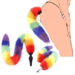 Nxy Anal Toys Long&short Rainbow Fox Tail Metal&silicone Butt Plug Beads Adult Role Play Game Insert Stopper Sex for Women Couples 220510