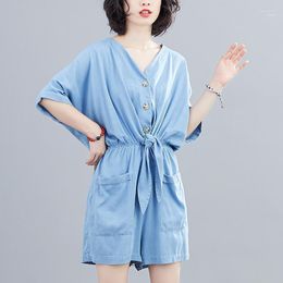 Women's Jumpsuits & Rompers Johnature 2022 Summer Korean Solid Color Leisure V-neck Pocket Denim Playsuits Simple Fashion Elastic Waist Wome