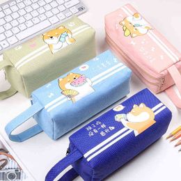 Learning Toys Cute Shiba Inu Large Capacity Double Layer Oxford Fabric Korean Pencil Bag Kawaii Pouch Stationery Organizer Fountain Pen Case T220829