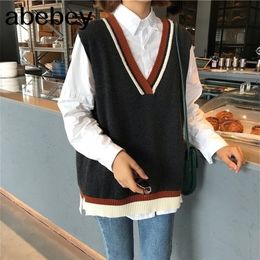 Early spring school college wind Colour matching V-neck sweater women's head vest loose knit vest 201201