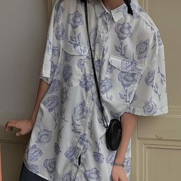 Women's Blouses & Shirts HOUZHOU Vintage Short Sleeve Women Oversize Harajuku Bf Style Shirt Female Button Up Floral Print Aesthetic White K