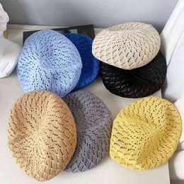 Summer Beret Hats For Women Flat Cap Knit Hollow Beret Hats Lady Girl Berets Hat Bone Female French Painter Hat Sun Cap Gorro J220722