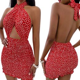 Women Close fitting Backless Dress Sexy Floral Printed Pattern Halter Neck Hollow Out Short Dresses Summer Club Wear 220613