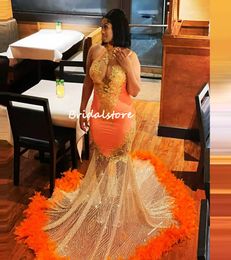 Plus Size Aso Ebi African Evening Dress Nigerian Sparkly Sequin Orange Black Girls Prom Dresses 2022 High Neck Feather Party Gowns For Special Occasion Party Wear