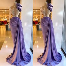 2022 Lavendor Prom Dresses Mermaid One Shoulder Ruffles Floor Length Velvet Long Sleeves Crystals Beaded Custom Made Evening Gown Formal Occasion Wear Vestidos