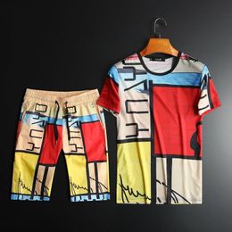 Men's Tracksuits High Quality Fashion Color Contrast Print Short Sleeve T Shirt Set Men Tracksuit Slim Outfits Top Moda Hombre 2022Men's