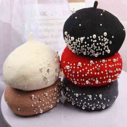2021 Autumn And Winter New Style Korean Creative Fashion Personality Princess Pearl Rhinestone Knitted Wool Beret Hat J220722