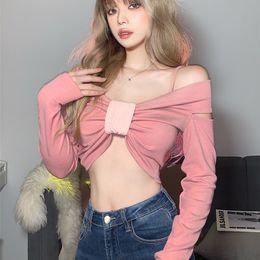 Sylcue Pink Girl Youth Younge Decoration Toughtfiting High Street Fashion Elastic Casual Womens Whin Trik Short Top 220722