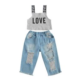 Citgeett Summer Children Girls Love Letter Belt Sleeveless Vest Tops Denim Hole Long Pants Clothing Set Outfits J220711