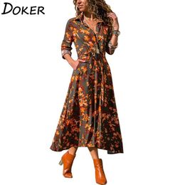 Long Sleeve Floral Print Shirt Dres Turn Down Collar Chiffon Beach Autumn Plus Size Elegant Work Wear 220331