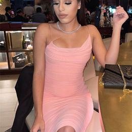 Avrilyaan Pink Mesh Pleated Sexy Bodycon Dress Women Robe Club Night Party es Elegant Elasticity Midi Summer Vestidos 220521