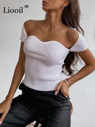 Liooil Knitted Square Neck Corset Top Black White T Shirts For Women Summer Streetwear Short Sleeve Tees Sexy Bodycon Tops