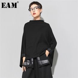 EAM Spring Stand Collar Long Sleeve Black Loose Irregular Big Size Cloak Sweatshirt Women Fashion JI949 201210