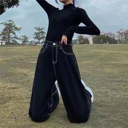 Vintage high waist black jean Korean version of ins loose and thin wide-leg pants college style wild straight-leg 220330